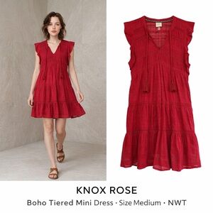 Knox Rose Red Boho Tiered Mini Dress Tassel Tie Cotton Size Medium NWT